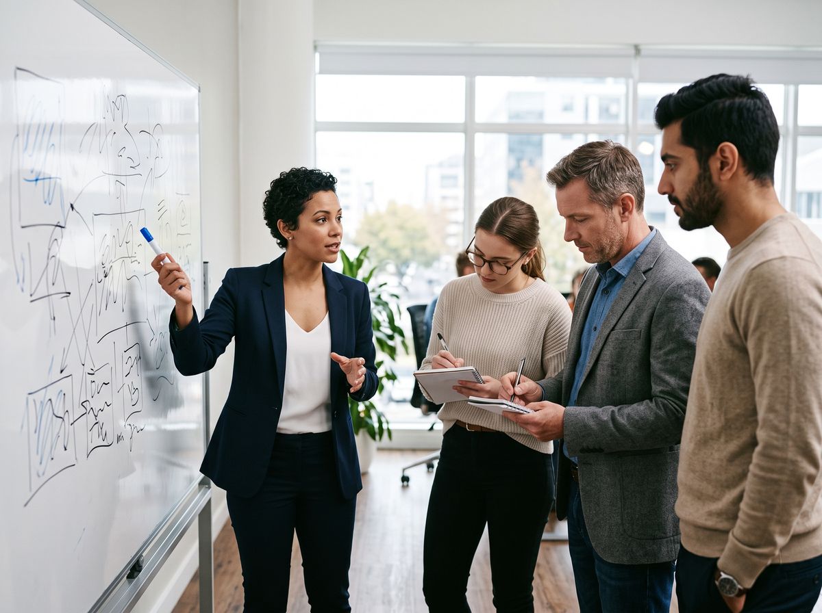 Team working through a diagram at a whiteboard